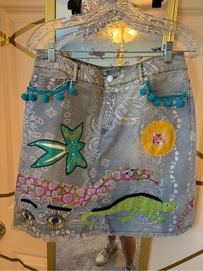 Art to Wear Sz 10 Embellished Skirt paisley denim 1946